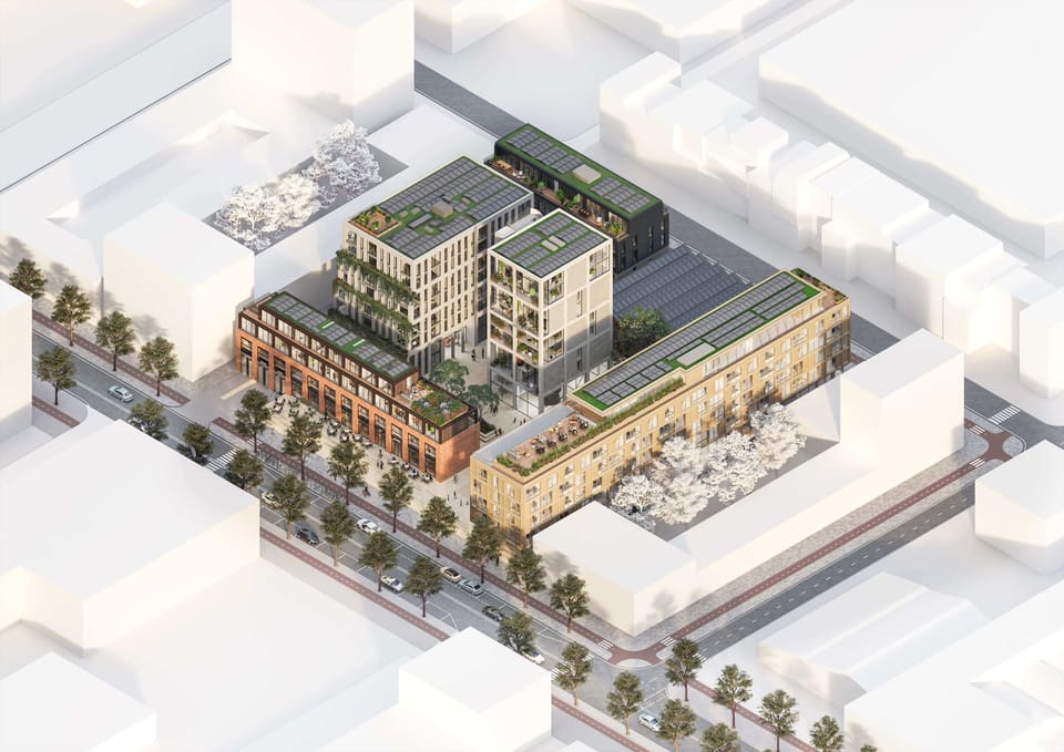Axonometric visualisation of Republica: six buildings around squares and alleys on a raised plinth