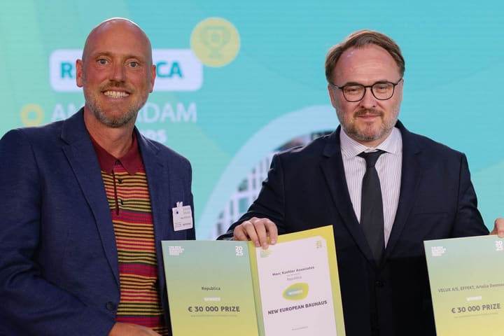 Marc Koehler receiving the New European Bauhaus Prize at the European Parliament