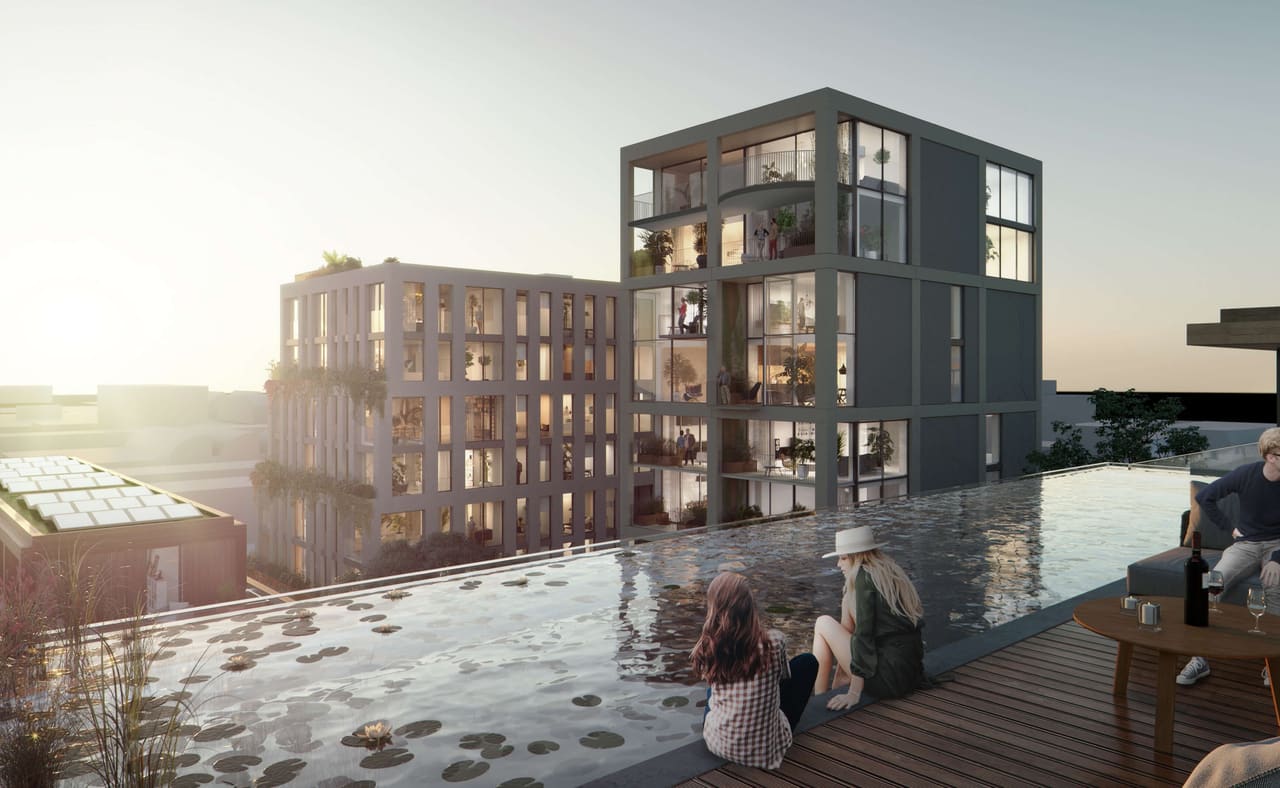 Design visualisation of the same rooftop pool and tower at sunset